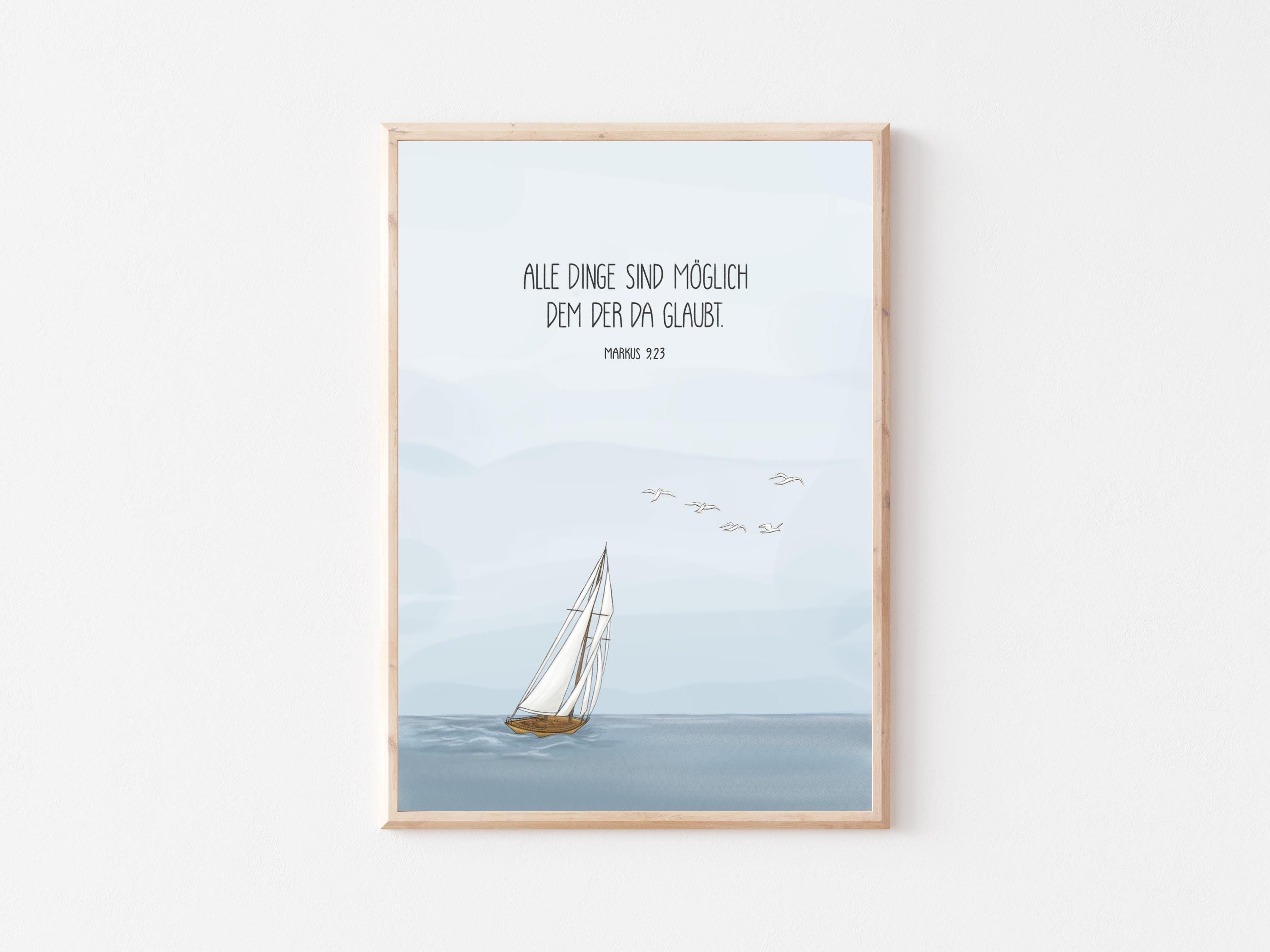 Poster A4 Segelschiff Meer Geschenk Taufe Hochzeit Konfirmation Kommunion, personalisierbar mit Namen, Taufspruch, Segenswunsch, Bibelvers