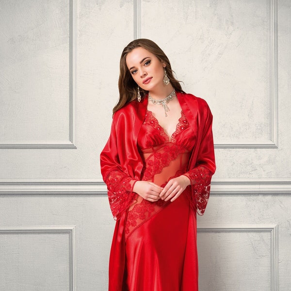 Ensemble de chemise de nuit longue en satin rouge avec dentelle, ensemble de chemise de nuit rouge pour femme élégante, chemise de nuit soyeuse, cadeau pour elle