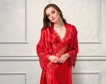 Long Satin Red Nightgown Set with Lace, Elegant Red Women Nightgown Set, Silky Nightdress, Gift For Her