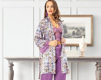Satin Nightwear Set of 4 Pieces, Soft & Silky Nightwear, Satin Pyjamas, Satin Shorts, Satin Robe, Colorful Nightwear, Lace Bustier