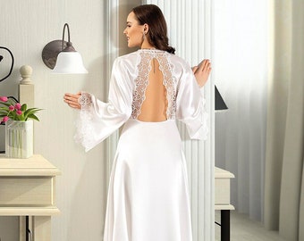 Satin Nightgown and Robe Set With Low Back and Lace Detail, Bridal Nightgown Set, Long Satin Nightgown With Lace, Gift For Her