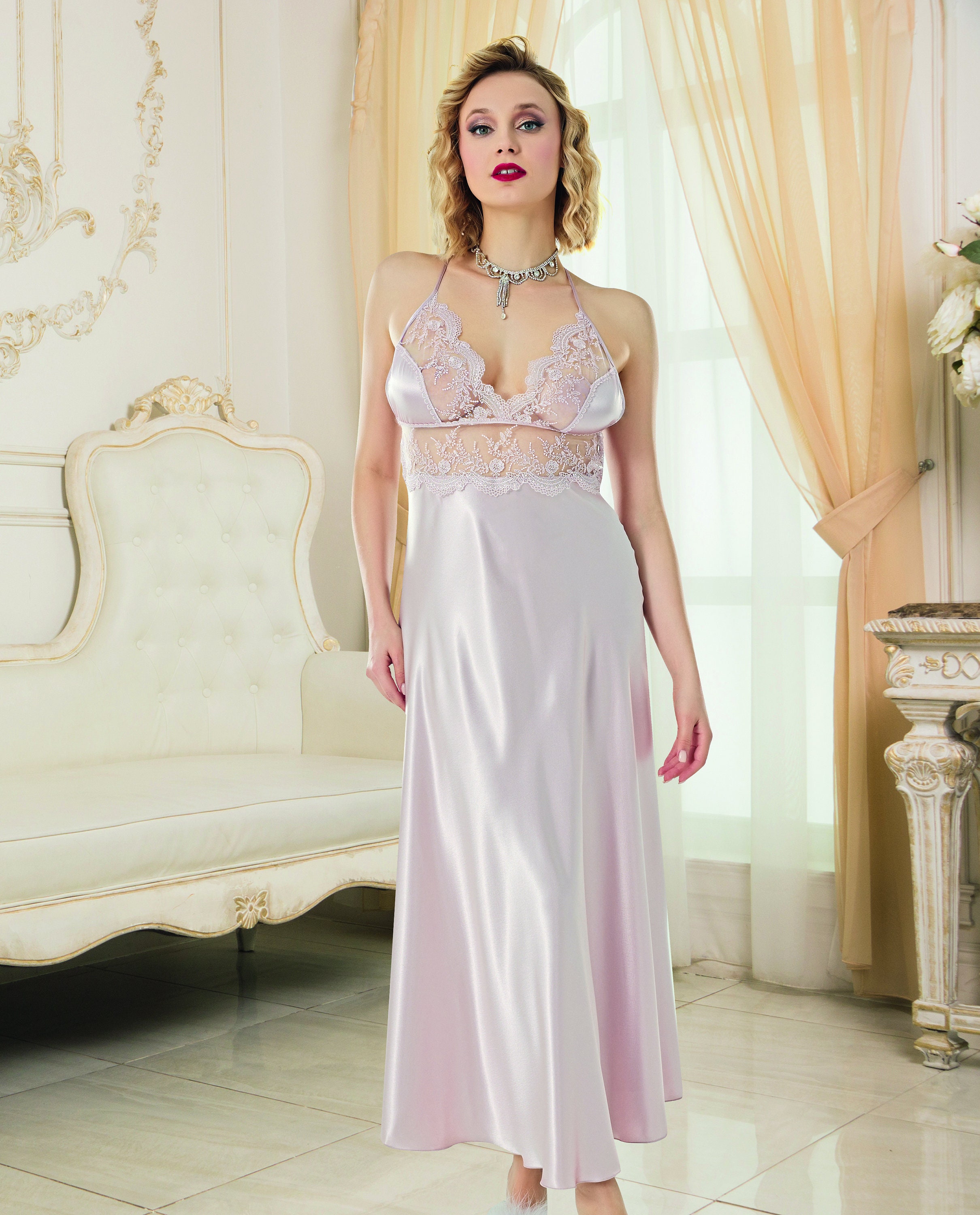 Satin Nightgown and Robe Set, Long Satin Nightgown With Lace, Elegant ...