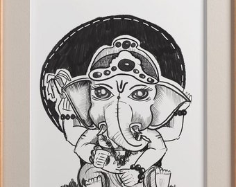 Bal Ganesh - das Kind Ganesh - digitale Kunst - Schwarz und weiß - minimal -Wohnkultur - Wohnzimmer - Einweihungsgeschenk - Drucke - Line Art