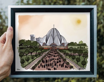 Lotus Temple - Architectural sketch - Gift for architects - illustration - digital art - prints - watercolor - home décor -housewarming gift