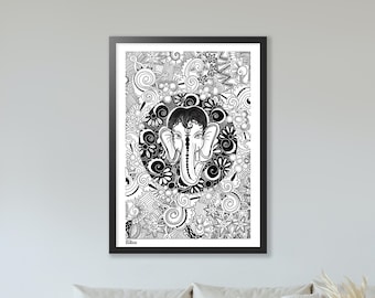 Ganesh Mandala - Line art - 79,3cm x 67,4 cm - Minimalistisch - Schwarz-Weiß-Drucke - Mandala - Wandkunst - Wohndekoration - Geschenk