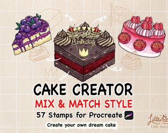 Könnte beinhalten: Ein digitales Illustrationsset mit dem Titel CAKE CREATOR MIX & MATCH STYLE 57 Stamps for Procreate. Es zeigt drei Tortenzeichnungen: ein Blaubeerstück, einen quadratischen Schokoladenkuchen mit Happy Birthday-Topper und eine runde Erdbeertorte.