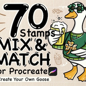 May include: Digital art graphic featuring a cartoon goose in a green sweater and sunglasses, holding a beer. Text reads "70 stamps MIX & MATCH For Procreate Create Your Own Goose."