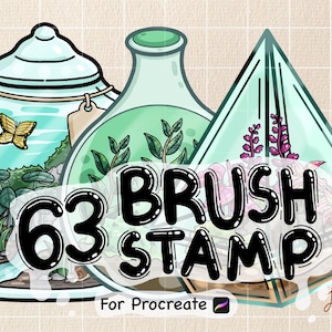 May include: 63 brush and stamp designs for Procreate, featuring illustrations of terrariums with plants, flowers, and butterflies. The text "63 Brush Stamp" is in large black letters.