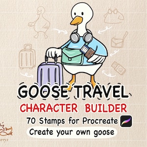 May include: A digital illustration of a white goose wearing headphones, a blue shirt, and a green crossbody bag while holding a passport and ticket. Next to the goose is a purple suitcase. Text reads: GOOSE TRAVEL CHARACTER BUILDER 70 Stamps for Procreate Create your own goose.
