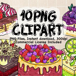 Kuchen Clipart PNG, bunte Dessert Sofort-Download, süße digitale Bäckerei Illustration für Geburtstagskarten & Cafe Menü-Design