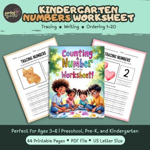 Puede incluir: Un colorido conjunto de hojas de trabajo de números para jardín de infancia con el título "Kindergarten Numbers Worksheet". El conjunto incluye actividades de trazado, escritura y ordenación. La imagen muestra hojas de trabajo con ilustraciones y el texto "Tracing Numbers" y "Counting Number Activity Worksheet!"