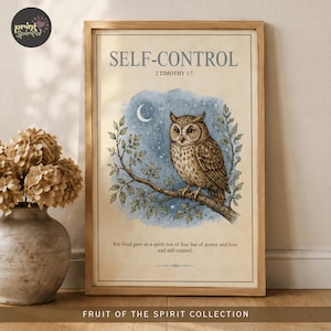 May include: A framed wall art print featuring a brown owl perched on a branch against a blue watercolor night sky with a crescent moon. The text reads SELF-CONTROL 2 TIMOTHY 1:7 and For God gave us a spirit not of fear but of power and love and self-control.