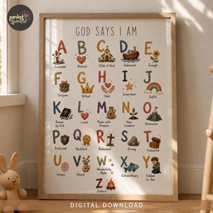 May include: A framed educational wall art print titled GOD SAYS I AM, featuring the alphabet from A to Z. Each letter is paired with a colorful illustration and a corresponding word, such as A for Accepted, B for Blessed, and Z for Zealous.