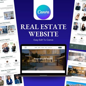 Peut inclure: Un ordinateur portable affiche un modèle de site web immobilier avec le texte "Your Dream Home". La conception comprend des sections pour les agents, les blogs et les témoignages de clients. Le logo Canva est visible, avec les mots "Real Estate Website" en grand.