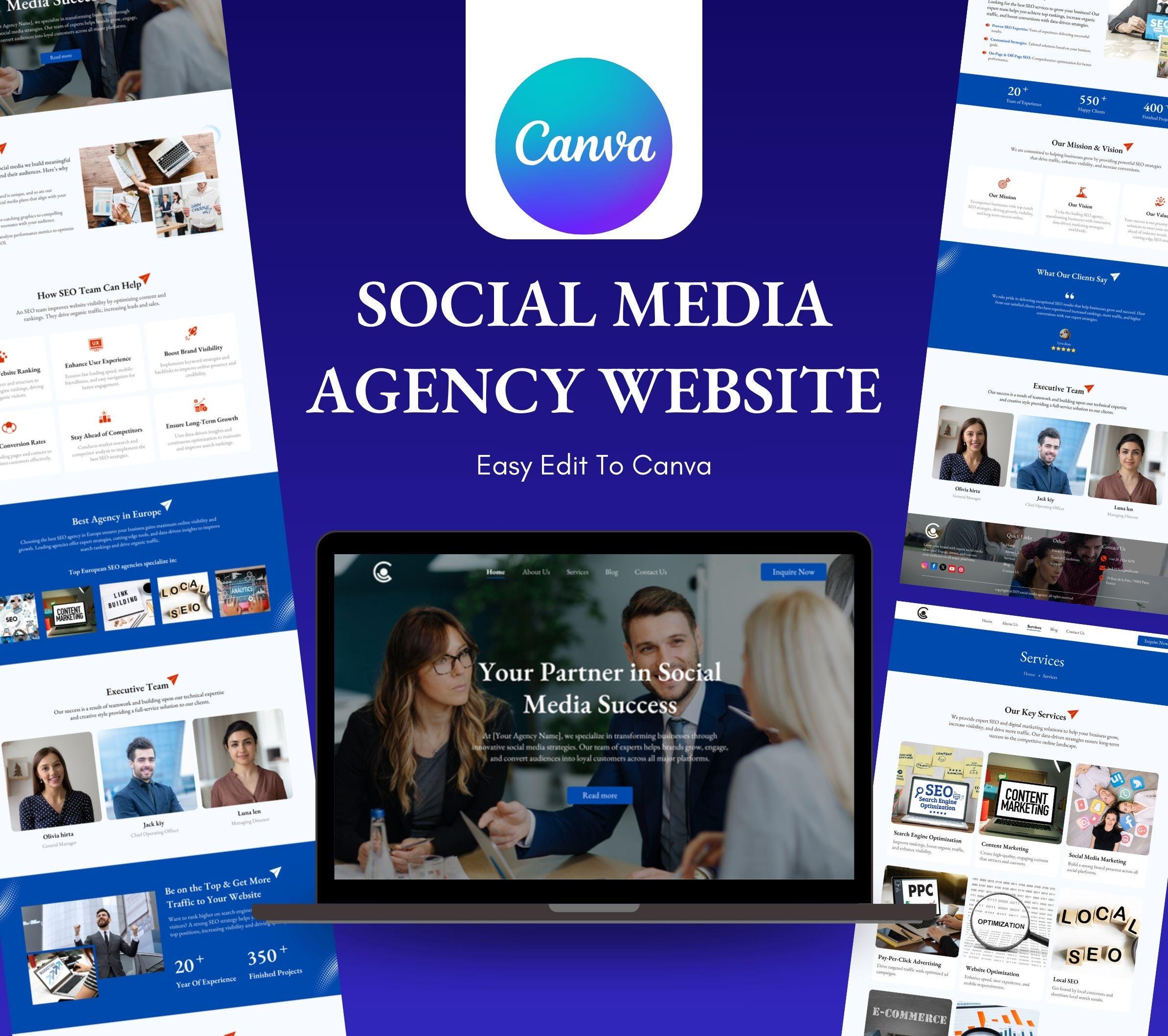 Social Media Agency, No Code Website Design, Editable Website, Social Media Business, Online Marketing Website, Customizable Website Theme.