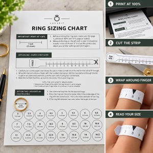 May include: A white ring sizing chart with black text and graphics, featuring a paper strip sizer, a 1-inch reference line, and a grid of circles for measuring existing rings. Includes instructions for printing and measuring finger size.