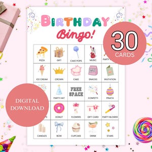 Bingo d'anniversaire, cartes de bingo d'anniversaire, jeu de fête d'anniversaire, jeu de bingo joyeux anniversaire, jeu de fête d'anniversaire d'enfant, cartes de bingo imprimables