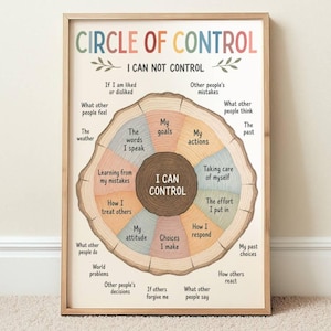 May include: A framed educational poster titled CIRCLE OF CONTROL featuring a tree ring diagram. The center dark brown circle reads I CAN CONTROL, surrounded by pastel sections listing personal actions, while the outer area lists I CAN NOT CONTROL.