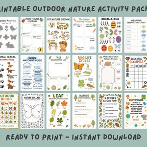 May include: A set of printable outdoor nature activity sheets. Includes insect hunt journals, cloud watching guides, and other educational resources. The pack features colourful illustrations and is designed for children.