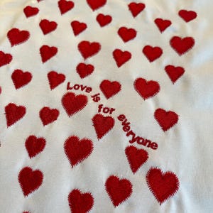 May include: White t-shirt with red embroidered hearts and the text "Love is for everyone".