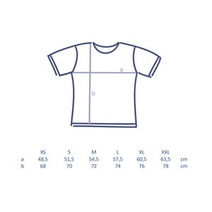 May include: A line drawing of a t-shirt with measurements labeled 'a' and 'b'. A table shows the measurements in centimeters for sizes XS, S, M, L, XL, and XXL.