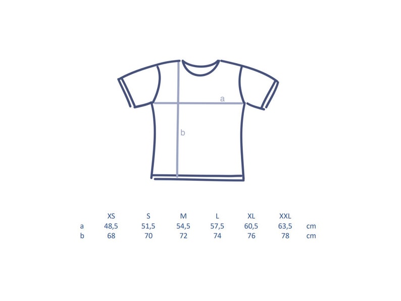 May include: A line drawing of a t-shirt with measurements labeled 'a' and 'b'. A table shows the measurements in centimeters for sizes XS, S, M, L, XL, and XXL.