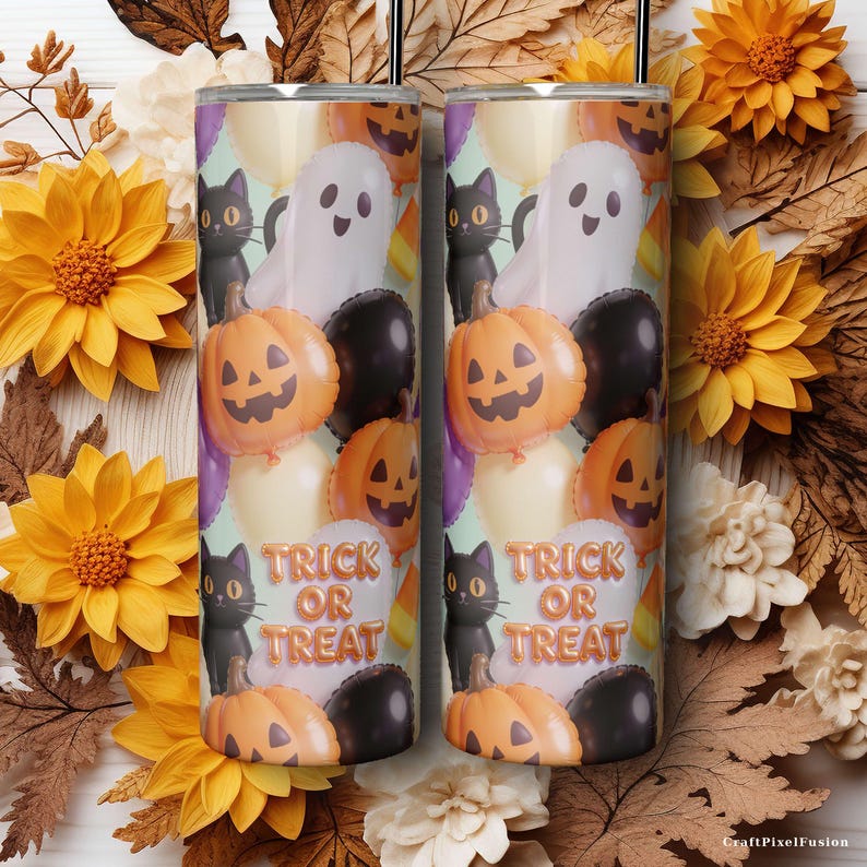 Gobelet gonflable 3D d'Halloween (PNG) : fantômes, citrouilles, chats noirs, bonbons de maïs, bonbons ou un sort ! Téléchargement sans couture pour gobelet fin de 590 ml (20 oz). image 9
