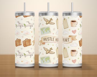Flight Attendant Tumbler Wrap PNG Seamless, Cabin Crew Planes Luggage Tags and Hustle Heart, 20oz Skinny Sublimation Download
