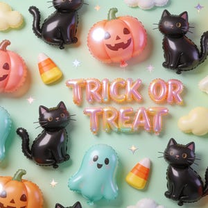 Halloween 3D opblaasbare bekerhoes PNG naadloos, pluizige ballon katten spookjes Trick or Treat, 20oz smalle sublimatie download afbeelding 2