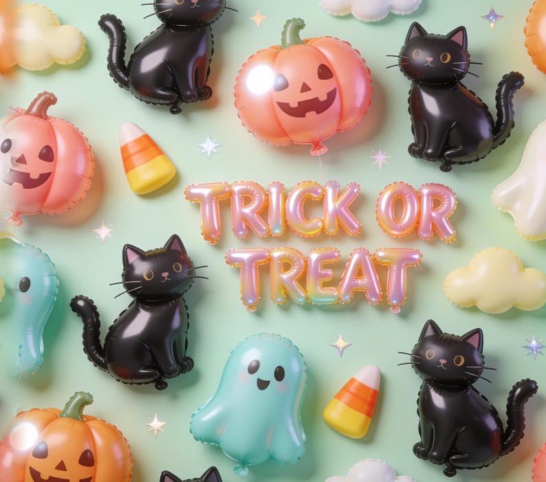 Halloween 3D opblaasbare bekerhoes PNG naadloos, pluizige ballon katten spookjes Trick or Treat, 20oz smalle sublimatie download afbeelding 2