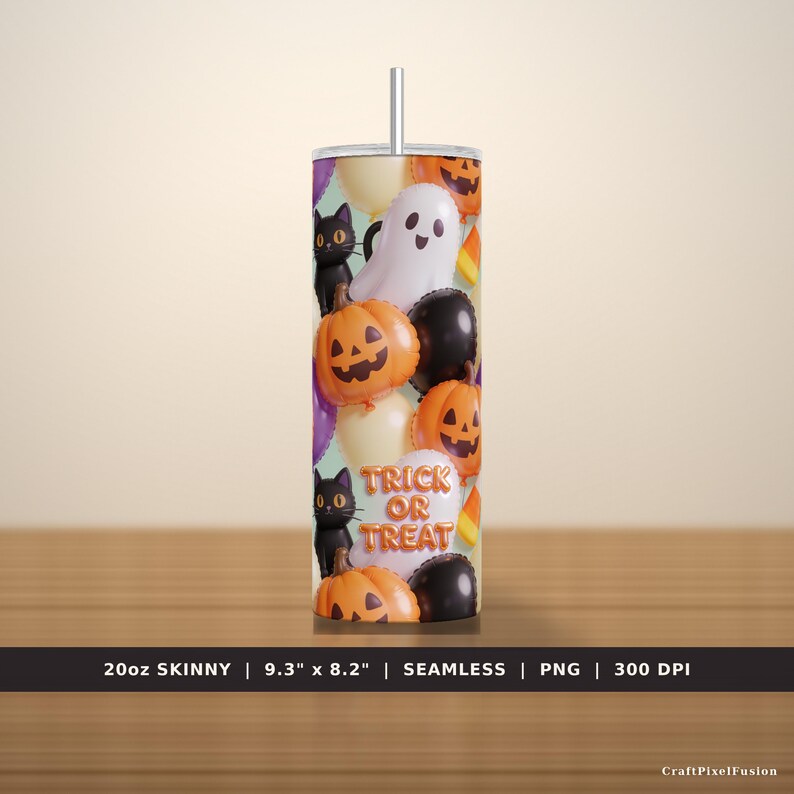 Gobelet gonflable 3D d'Halloween (PNG) : fantômes, citrouilles, chats noirs, bonbons de maïs, bonbons ou un sort ! Téléchargement sans couture pour gobelet fin de 590 ml (20 oz). image 5