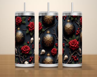 Diseño PNG de envoltura para vaso navideño gótico, adorno repetido en negro y dorado con calaveras, sublimación sin costuras para vasos delgados de 20 oz, descarga instantánea.