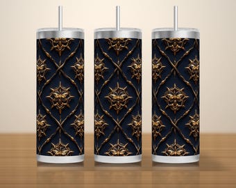 Dark Coquette Tumbler Wrap PNG Seamless, Gold Moth and Star Lattice on Black, 20oz Skinny Gothic Sublimation Download