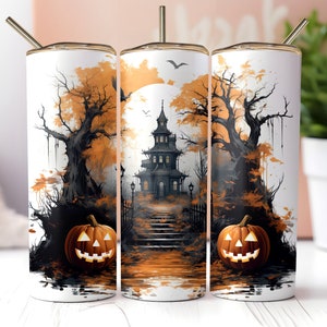 Haunted House Orange Jack o Lanterns 20oz Tumbler Wrap Seamless Design Happy Halloween Spooky Mansion & Pumpkins Instant Download