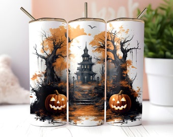 Halloween-bekerverpakking: spookachtig spookhuis en jack-o'-lanterns (20 oz naadloos ontwerp) (digitale download)