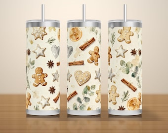 Diseño PNG de envoltorio para vaso de pan de jengibre, diseño navideño en crema neutra para repostería, sublimación sin costuras para vasos delgados de 20 oz, descarga digital instantánea.