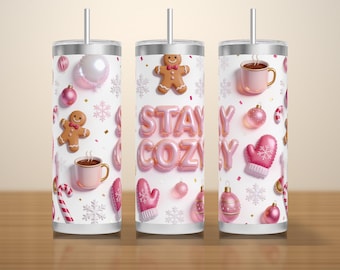 3D Inflated Christmas Tumbler Wrap PNG, Puffy Pink Baubles Gingerbread and Stay Cozy, Seamless 20oz Skinny Sublimation Download