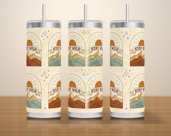 Stay Wild Tumbler Wrap PNG Seamless, Retro Arch Mountain Sunset Repeat in Boho Neutrals, 20oz Skinny Sublimation Download