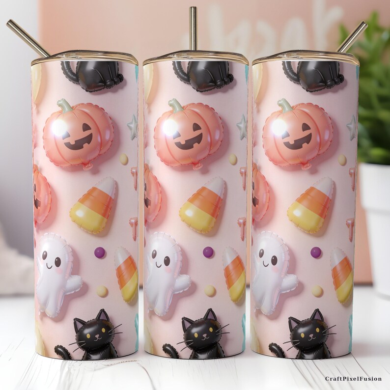 Halloween 3D opblaasbare bekerwikkel PNG, pluizige ballonnen, spoken, katten, pompoenen, snoepmaïs, Trick or Treat, blush pastel naadloos downloaden afbeelding 8