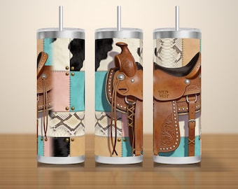 Western Patchwork Tumbler Wrap PNG, Tooled Saddle Snakeskin Cowhide and Turquoise, Seamless 20oz Skinny Sublimation Download