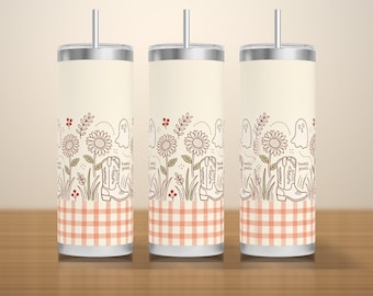 Neutral Fall Ghost Tumbler Wrap PNG Seamless, Line Art Cowboy Boots Sunflowers and Ghosts on Gingham, 20oz Skinny Download