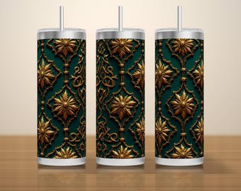 Emerald and Gold Damask Tumbler Wrap PNG Seamless, Gothic Star Lace Repeat, 20oz Skinny Sublimation Design Instant Download