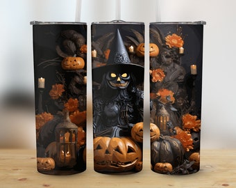May include: Three black and orange Halloween-themed tumblers with a witch, pumpkins, and candles. The tumblers are made of stainless steel and have a double-walled design.