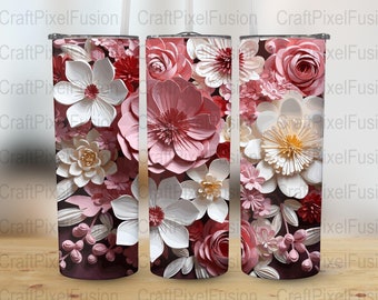 Blommigt muggomslag: 3D-rosa och vita blommor, 590 ml smal mugg (digital nedladdning)