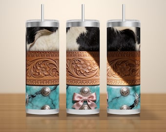 Diseño PNG de funda para vaso de piel de vaca turquesa y cuero repujado, textura western, diseño delgado sin costuras de 20 oz, sublimación, descarga instantánea.