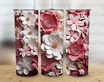 Blommigt muggsäckspapper: Rosa och vita 3D-blommor, 590 ml smal mugg (digital nedladdning)