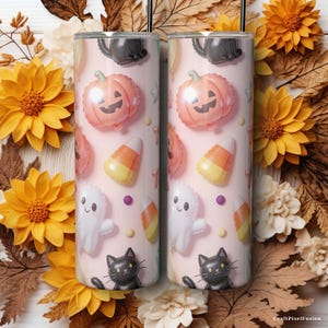 Halloween 3D opblaasbare bekerwikkel PNG, pluizige ballonnen, spoken, katten, pompoenen, snoepmaïs, Trick or Treat, blush pastel naadloos downloaden afbeelding 9