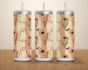 Diseño de vaso térmico Neutral Ghost PNG sin costuras, arte lineal de fantasmas y flores silvestres sobre lino con bandas, descarga de sublimación para otoño de 20 oz Skinny