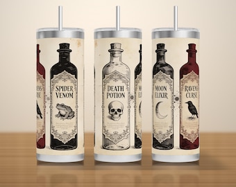 Diseño PNG sin costuras de botella de veneno antiguo con etiquetas en pergamino envejecido, vaso delgado de 20 oz para sublimación.