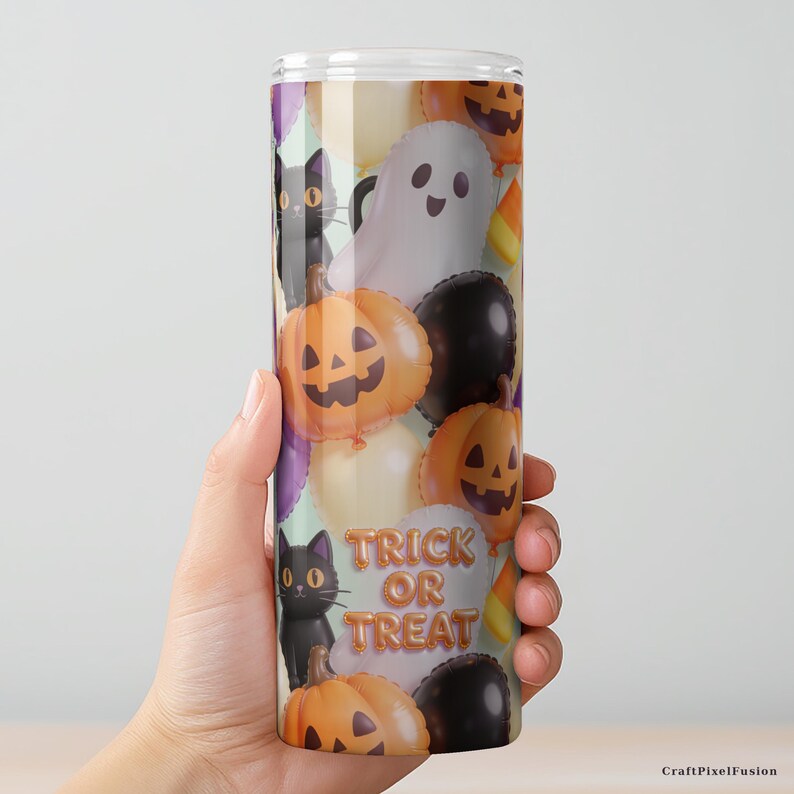 Gobelet gonflable 3D d'Halloween (PNG) : fantômes, citrouilles, chats noirs, bonbons de maïs, bonbons ou un sort ! Téléchargement sans couture pour gobelet fin de 590 ml (20 oz). image 7